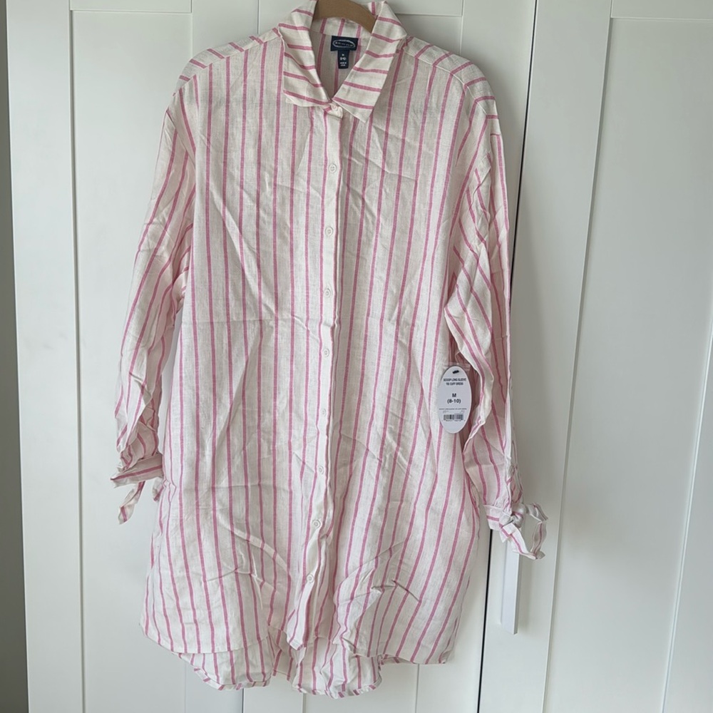 NWT pink and cream stripe long sleeve tie cuff dress
